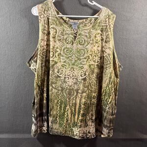 catherines women tank top 4x green beaded boho floral knit stretch office